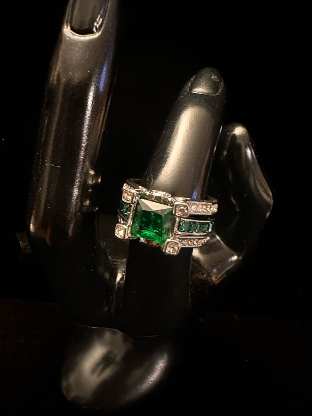 Art Deco Simulated Emerald and CZ Ring Sz 6